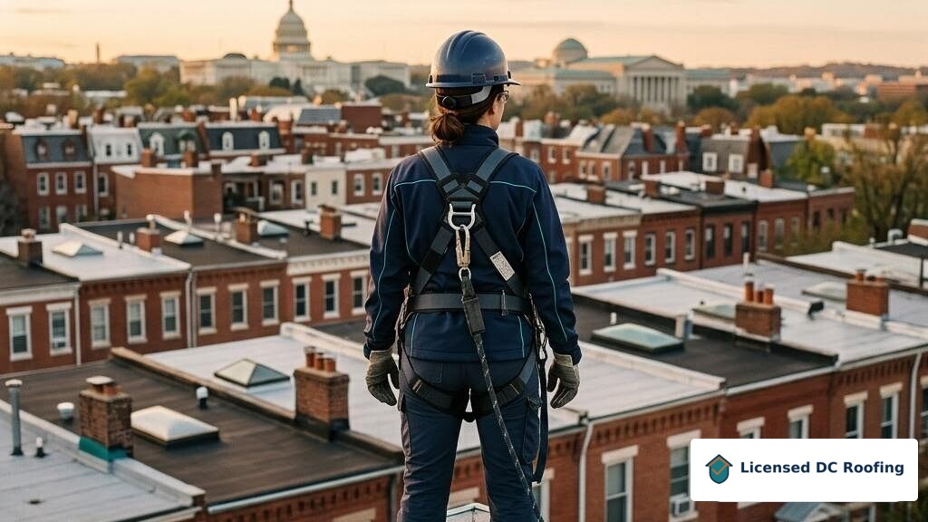 Washington DC roofing specialist overlooking rowhouse roofs