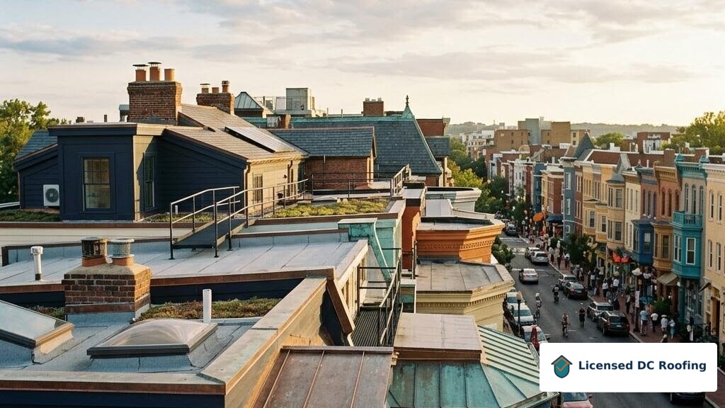 Adams Morgan rowhouse roofs and lively streetscape