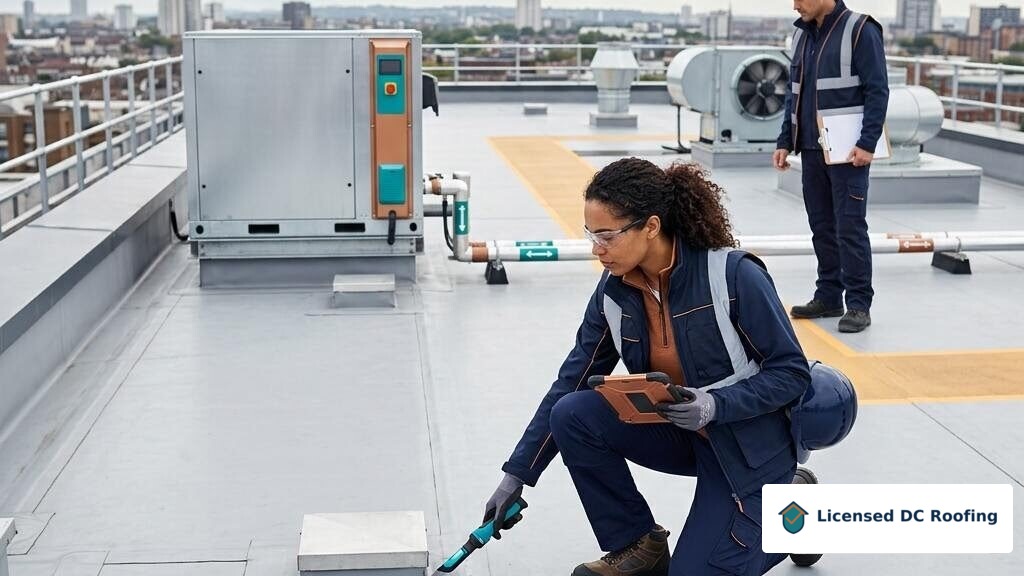 Routine maintenance inspection on a commercial flat roof