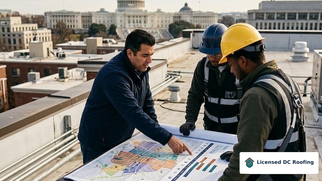 Roofing contractors discussing Washington DC service coverage
