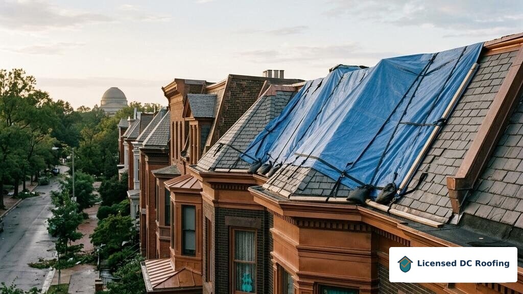 Professionally secured emergency roof tarp