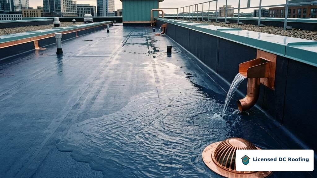 Water flowing correctly toward a flat roof drain