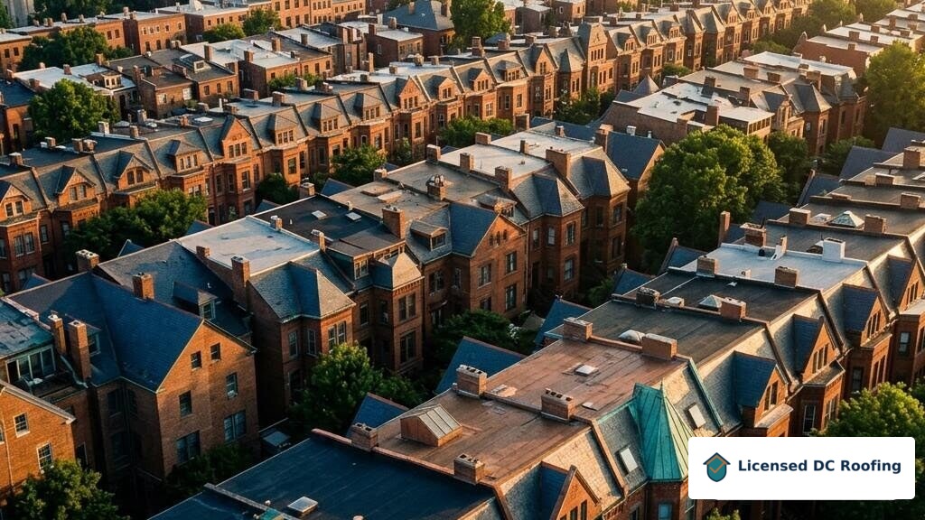 Washington DC rowhouse rooftops at golden hour