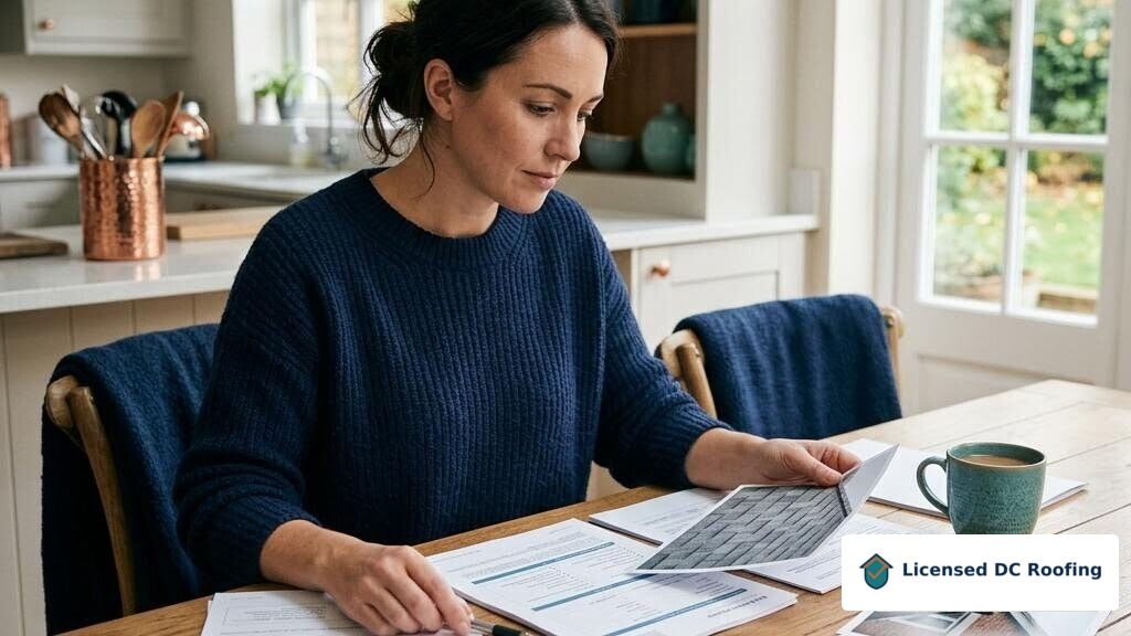 Homeowner reviewing roof documentation for insurance