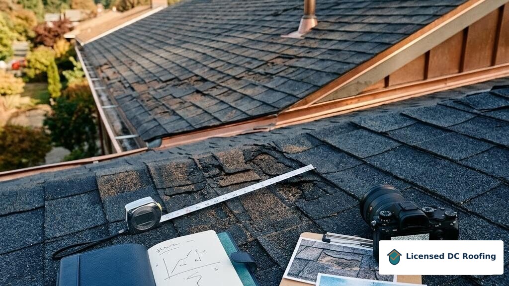 Roof damage photographs organized for an insurance conversation