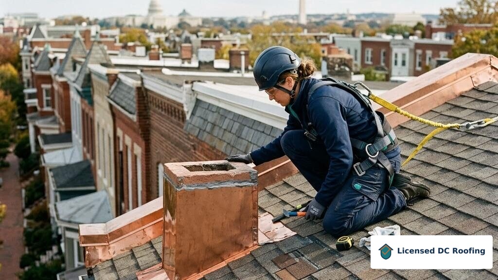 Roofing professional inspecting flashing on a DC rowhouse