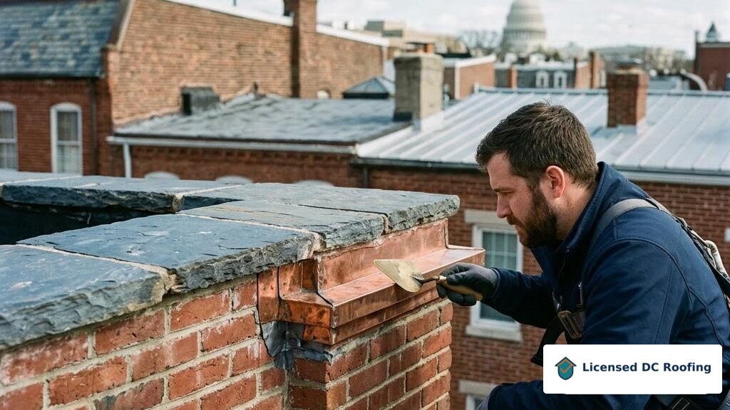 Close inspection of a rowhouse parapet wall
