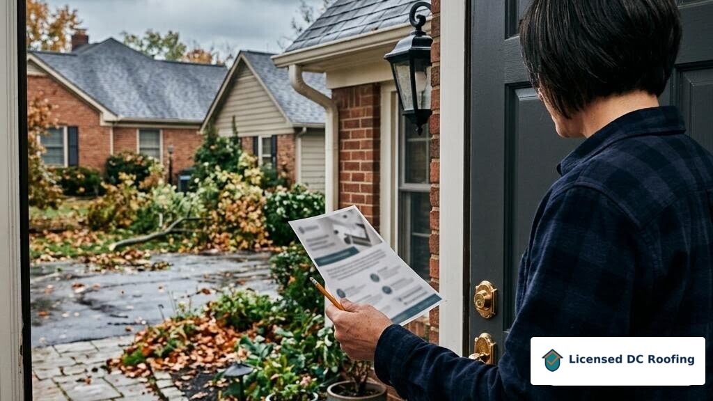 Homeowner carefully evaluating an unsolicited roofing offer