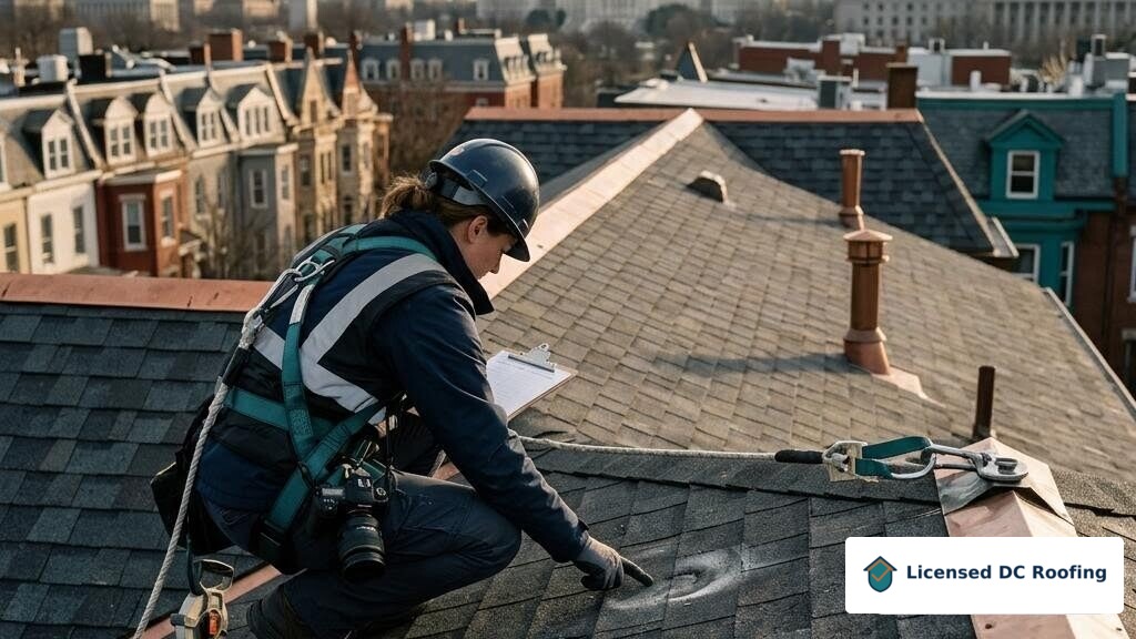 Storm-damaged Washington DC roof being assessed safely